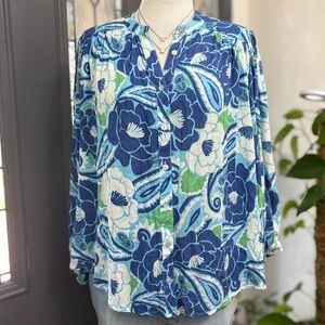 Nicole Miller Blue Green Floral Paisley Print Bishop Sleeve Button Front Top